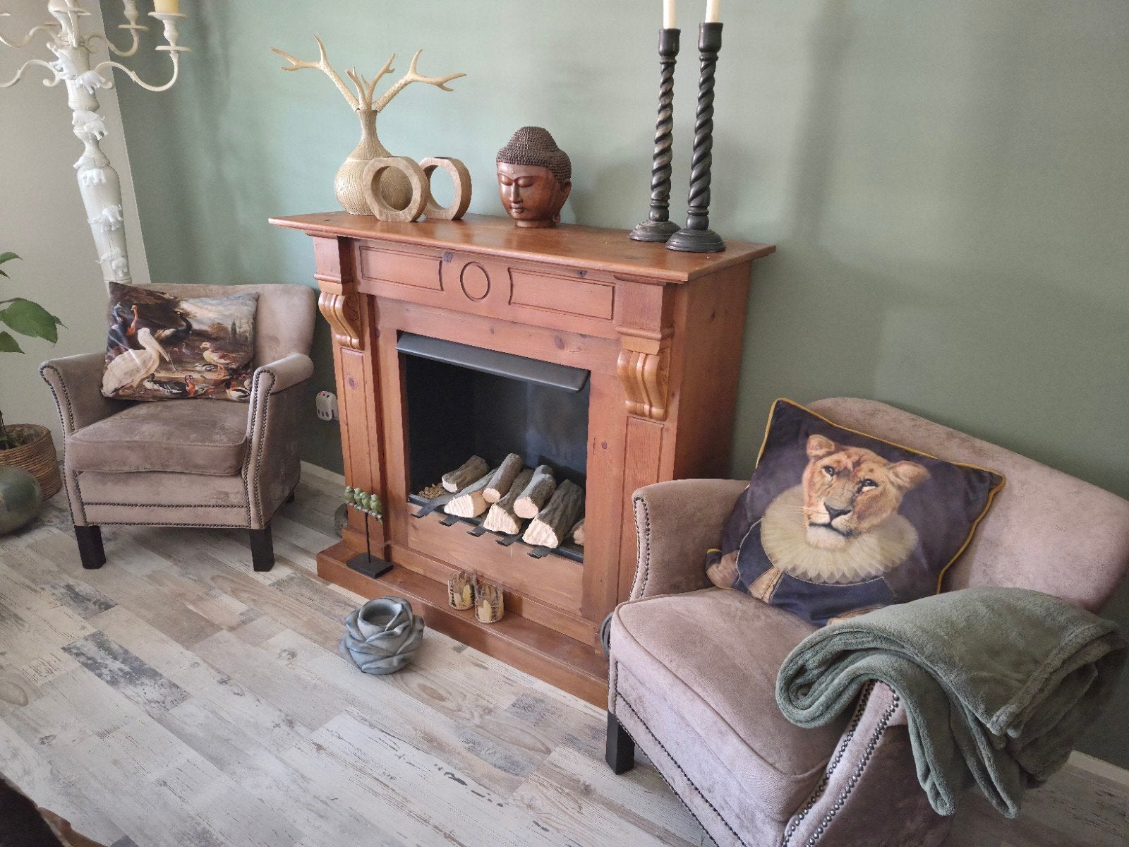 Sfeervolle gel haard met houten schouw, Ophalen, Gebruikt, Minder dan 75 cm, 100 tot 125 cm