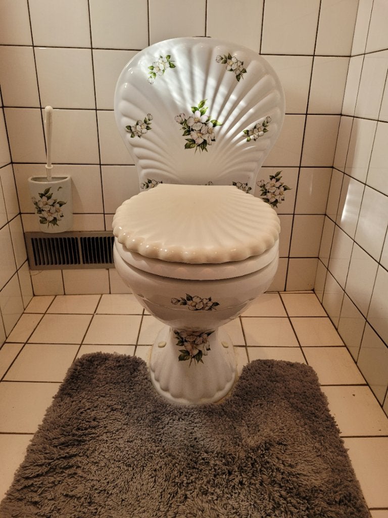 porseleinen WC pot schelp  wit/gebloemd met accessoires, Ophalen, Gebruikt, Steen, Toilet