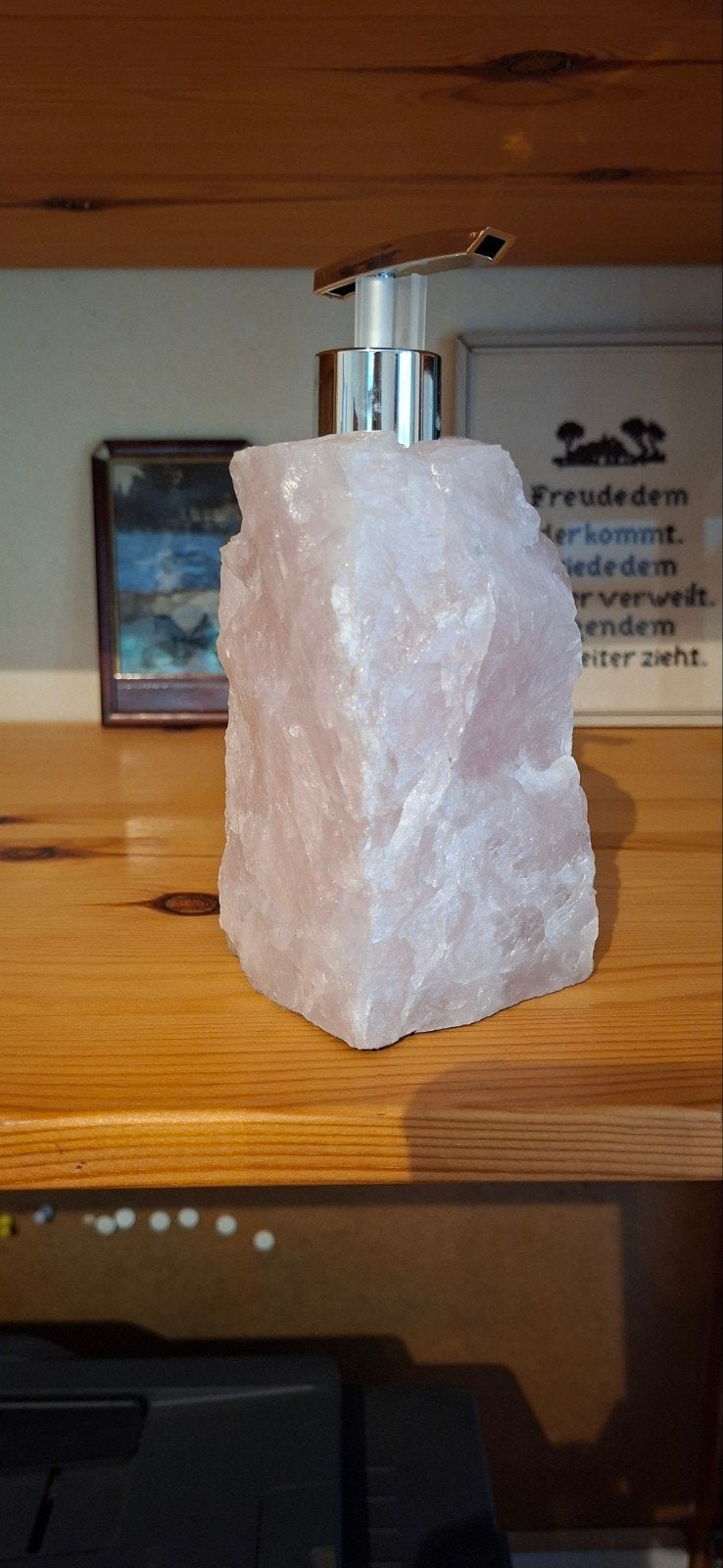 zeepdispenser in rozekwarts, Huis en Inrichting, Ophalen, Zo goed als nieuw, Rechthoekig, Steen/keramiek