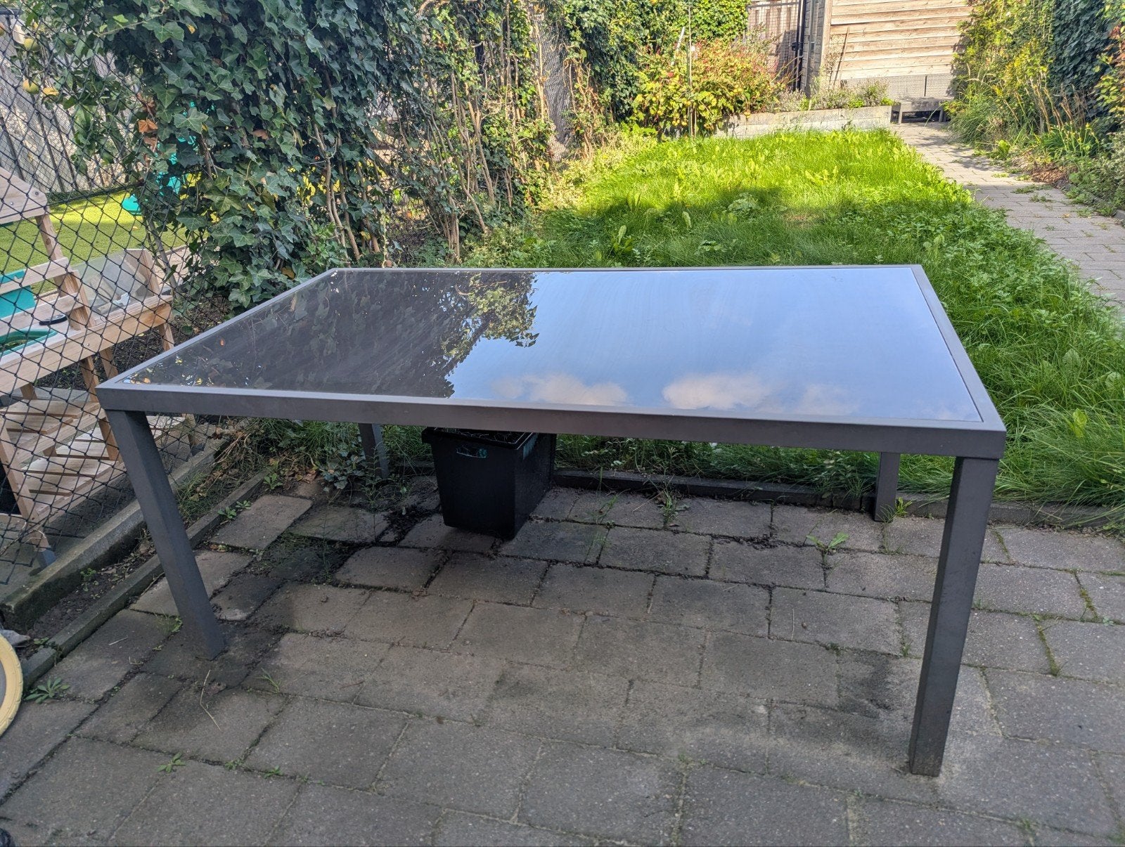 Antraciet metalen tuintafel met glazen blad (170x96x74.5), Ophalen, Gebruikt, Rechthoekig, Metaal