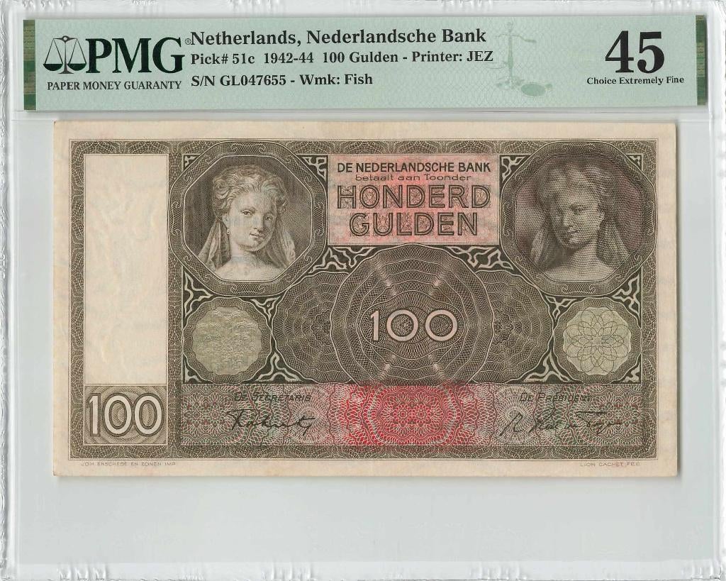 Prachtig biljet 100 gulden Luitspelende Vrouw, 1942 | PMG 45, Ophalen of Verzenden, 100 gulden