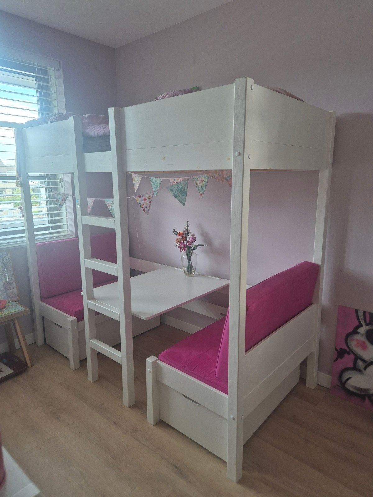 Hoogslaper met zitbankjes om te bouwen naar stapelbed, Gebruikt, 90 cm, Eenpersoons, 160 tot 180 cm
