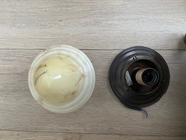 Art Deco plafondlamp geel gemarmerd, Huis en Inrichting, Lampen | Plafondlampen, Ophalen, Zo goed als nieuw, Glas