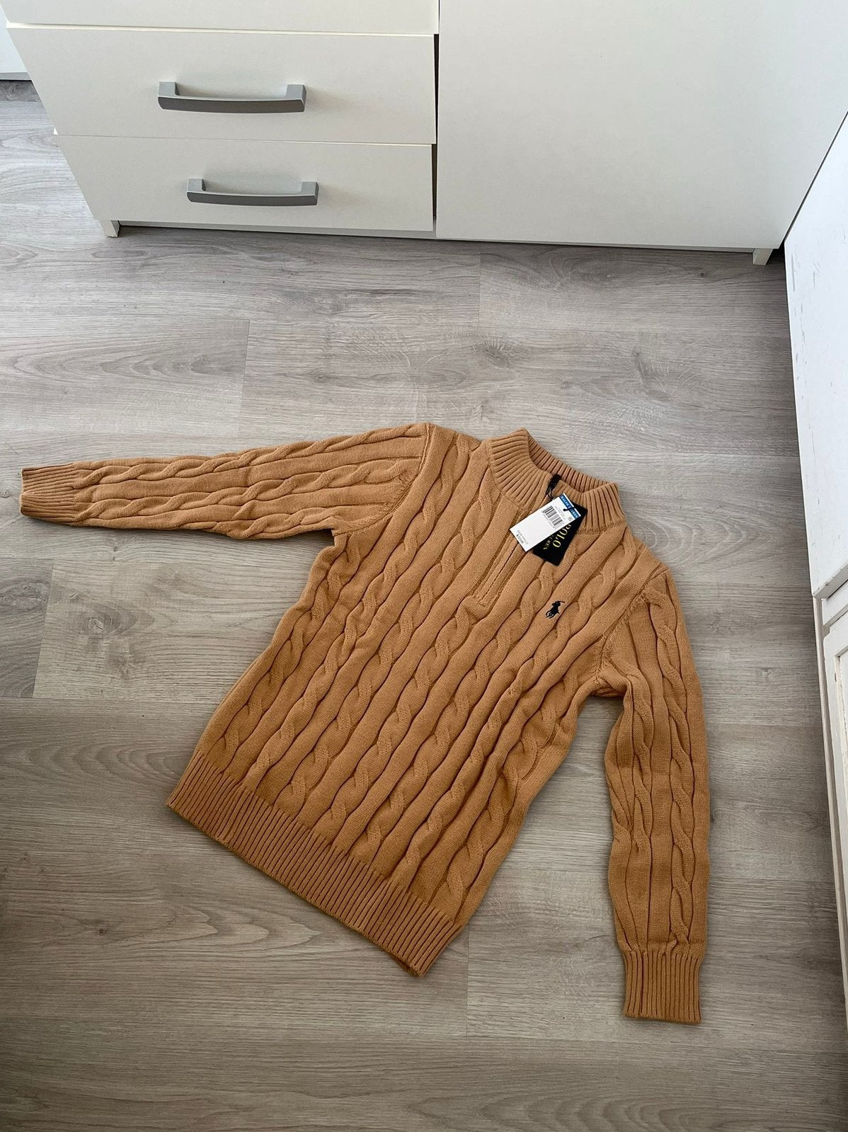 Ralph Lauren Kabeltrui - Bruin/Beige - Met Rits (Half Zip) L, Ophalen of Verzenden, Nieuw, Maat 52/54 (L), Beige