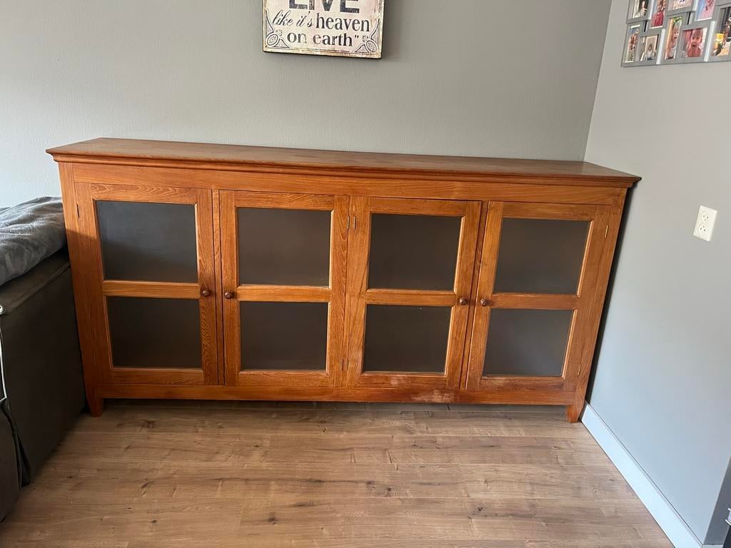 Prachtig Teakhouten Dressoir met Mat Glazen Deurtjes, Ophalen, Gebruikt, Teakhout, 200 cm of meer