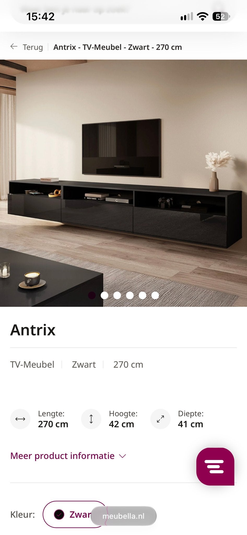 Meubella Antrix TV-meubel Zwart - 270 cm, Ophalen, Gebruikt, 200 cm of meer, Minder dan 100 cm