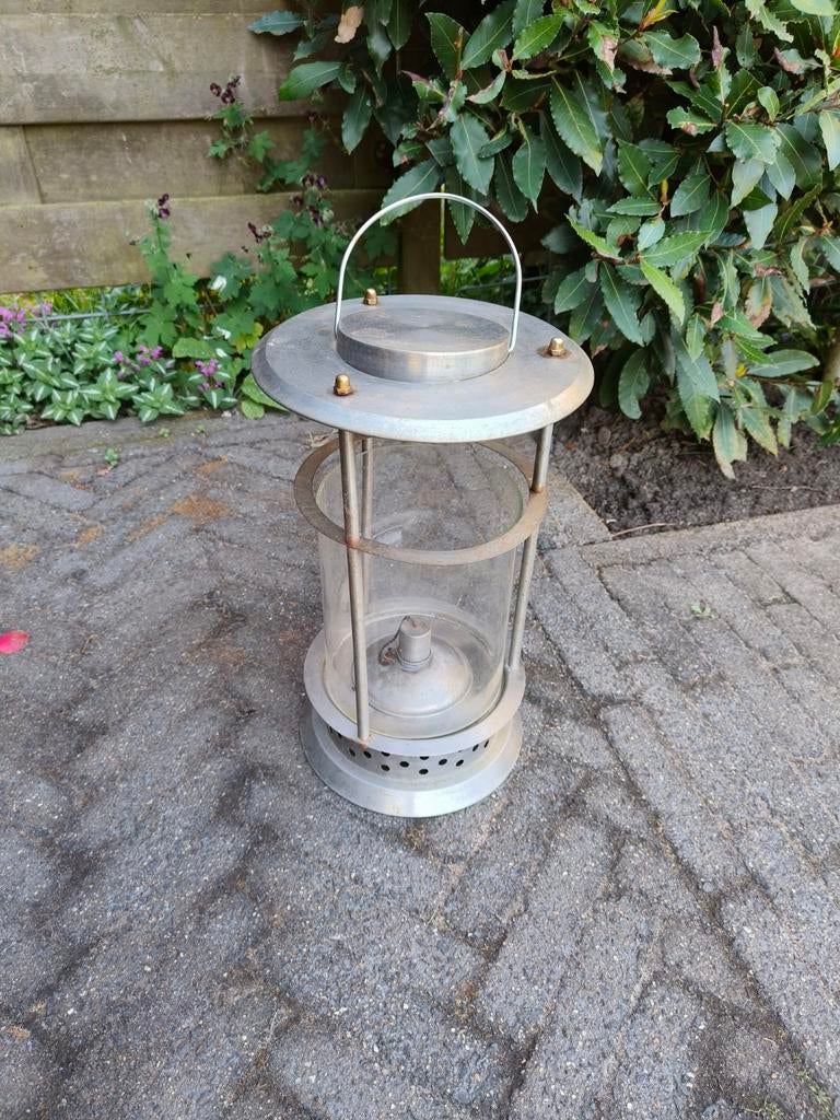 Vintage metal lantaarn met glazen cilinder, Antiek en Kunst, Ophalen of Verzenden