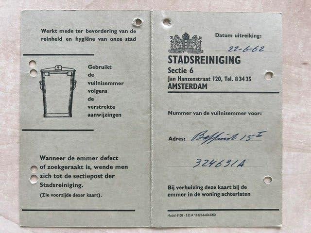 vuilnummer registratie gemeente amsterdam 1962, 1960 tot 1980, Gebruikt, Ophalen of Verzenden, Prent