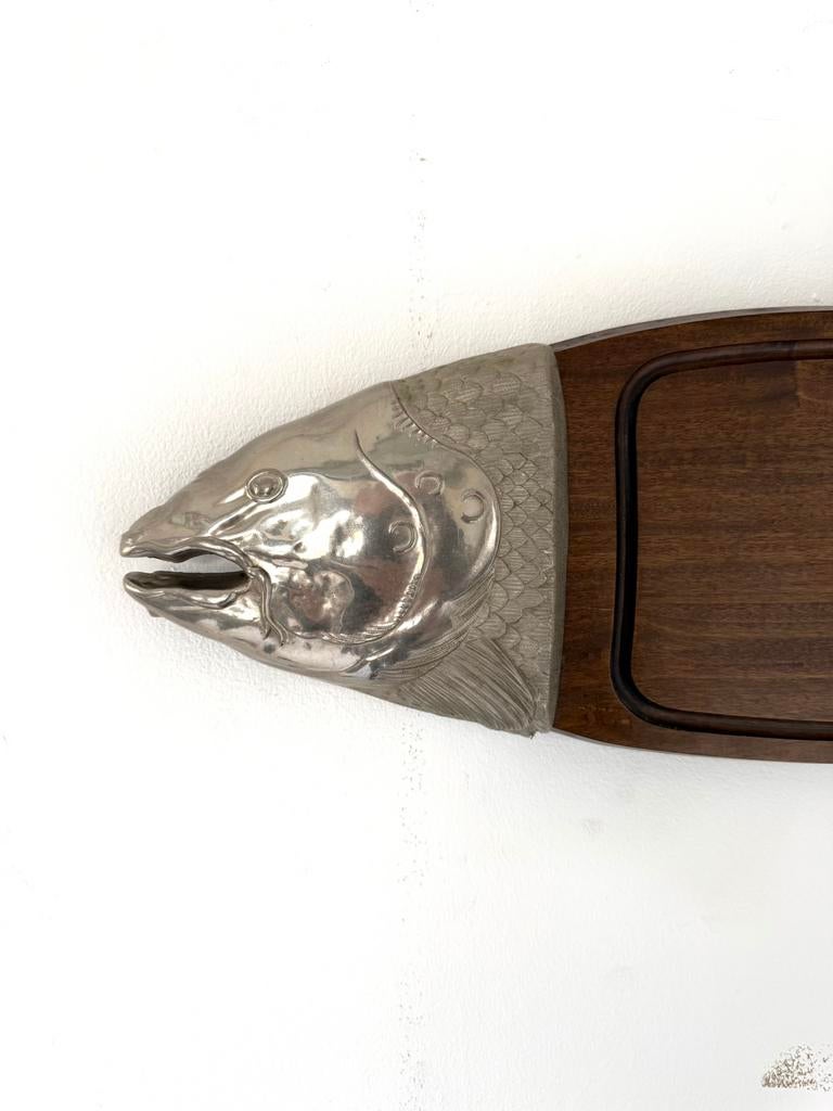 Vintage zalmforel snijplank in teak & zilver ‘60, 22 cm, Hout, Vintage, Decoratieobject