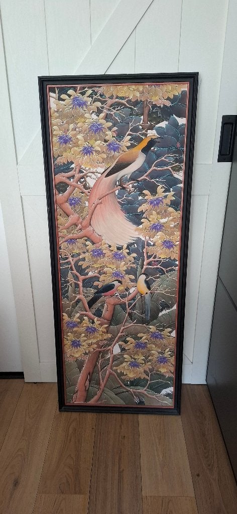 Groot Uniek Balinees Schilderij Paradijsvogels - 142x56 cm, Antiek en Kunst, Ophalen, Textiel, Overige typen, Geschilderd
