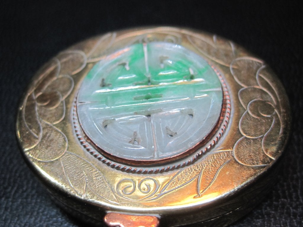 Antiek pillendoosje met Jade A verguld zeldzaam, Sieraden, Tassen en Uiterlijk, Ophalen, Overige materialen, Overige typen, Met edelsteen