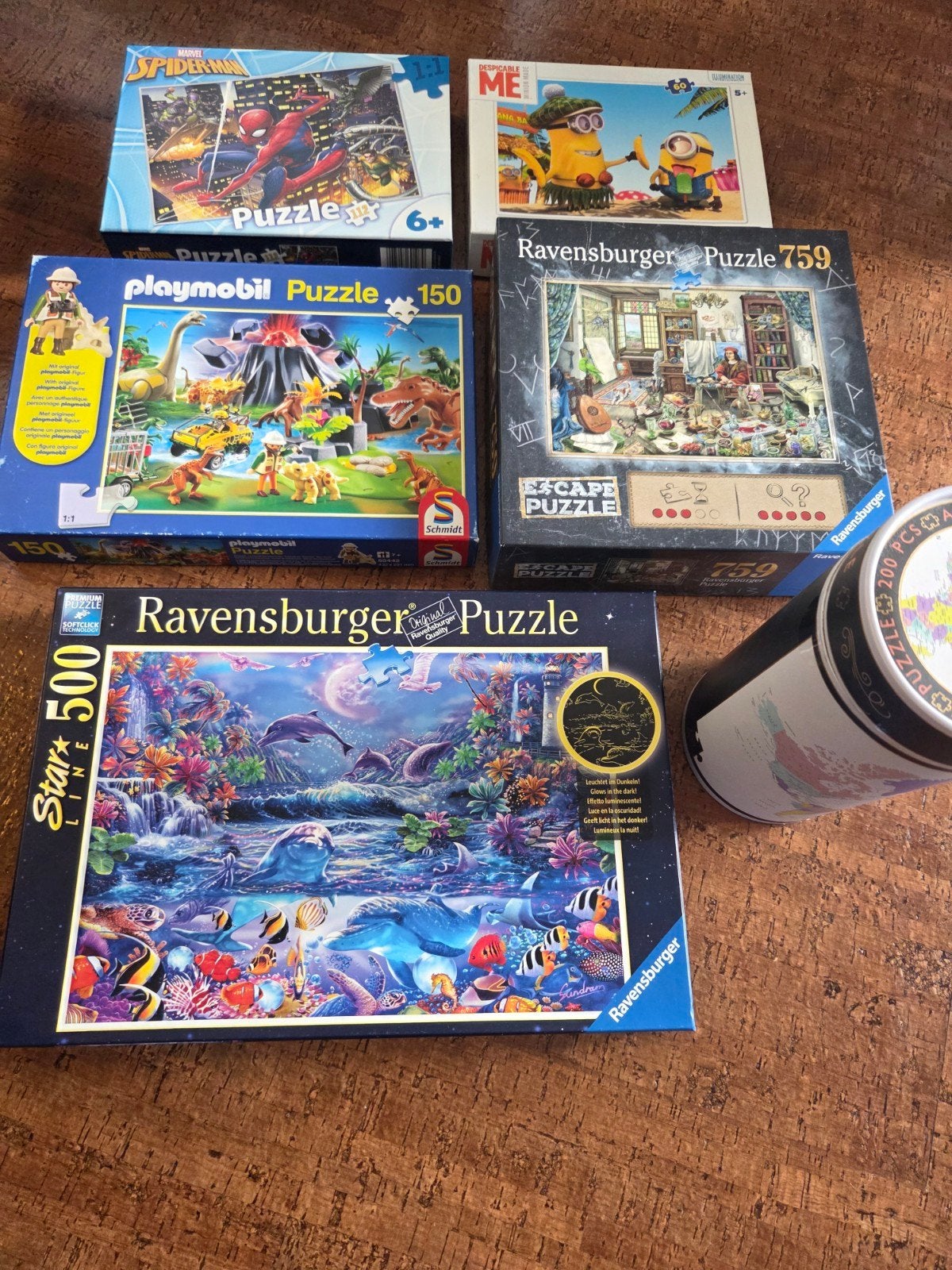 Diverse puzzels: Ravensburger, Playmobil, Minions, Spiderman, Ophalen of Verzenden, 500 t/m 1500 stukjes, Gebruikt, Legpuzzel