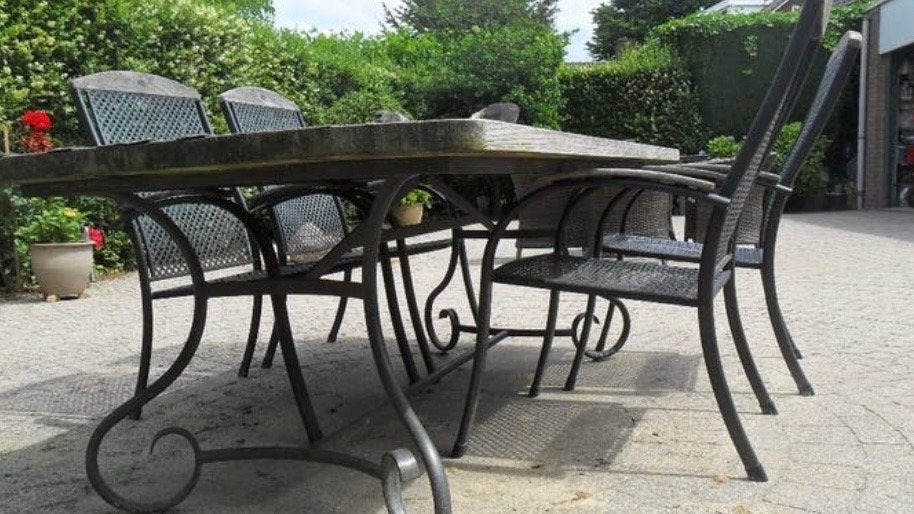 Robuuste tuintafel met Metaal en Hout, Tuin en Terras, Tuintafels, Gebruikt, Rechthoekig, Hout, Ophalen