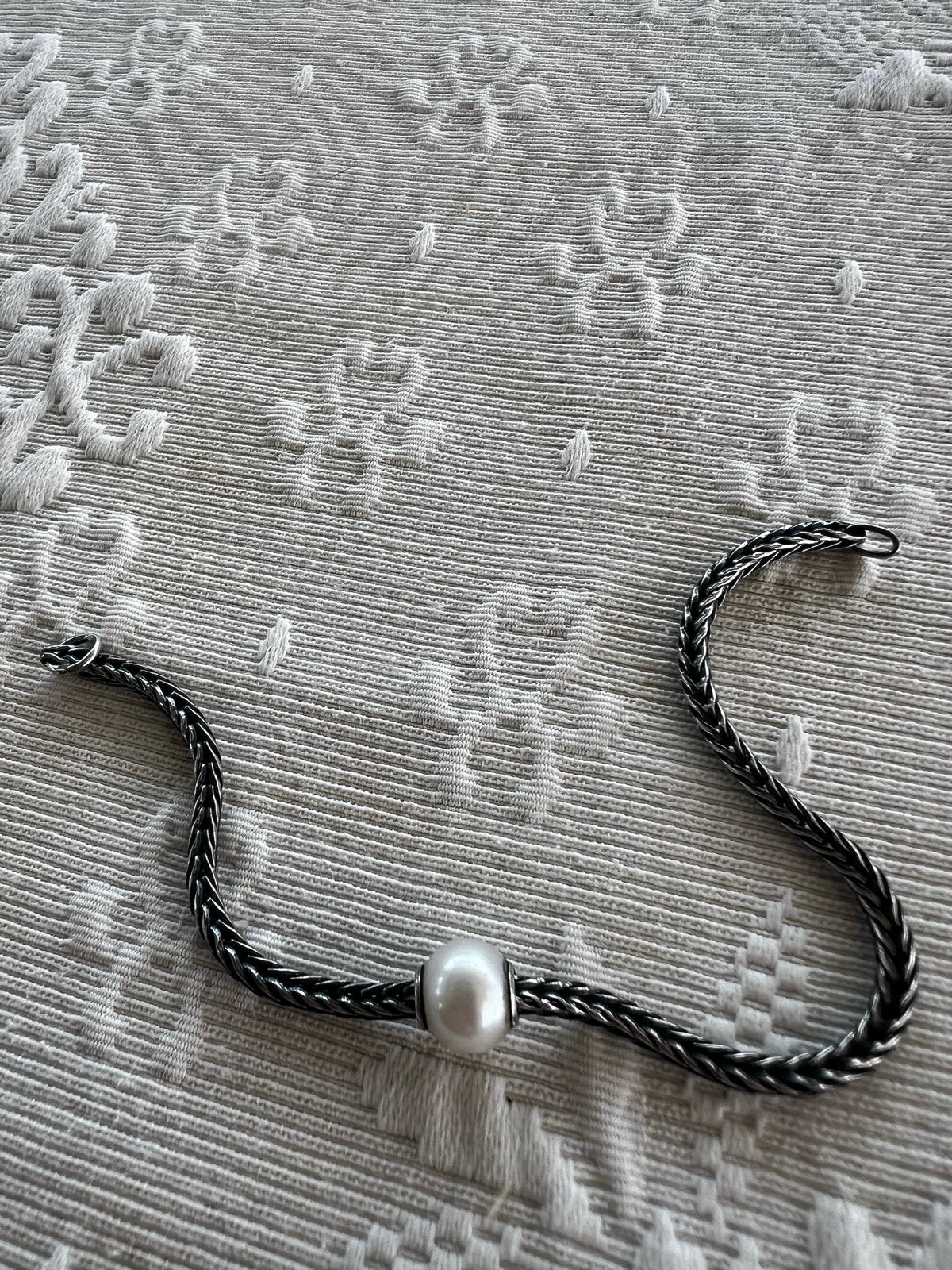 Trollbeads Zilveren Armband met Witte Parel Kraal - 19 cm, Sieraden, Tassen en Uiterlijk, Wit, Ophalen of Verzenden, Zo goed als nieuw