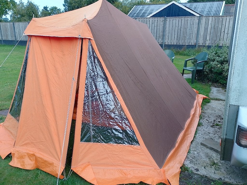 Retro Dubbeldaks Slaap/Zit Tent 2/3 personen Oranje/Bruin, Ophalen, Zo goed als nieuw, Tot en met 3