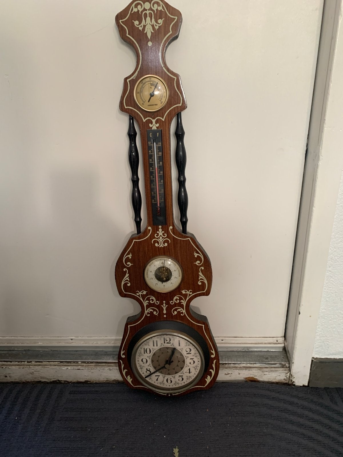 Vintage weerstation met klok, barometer, thermometer, hygrom, Ophalen of Verzenden