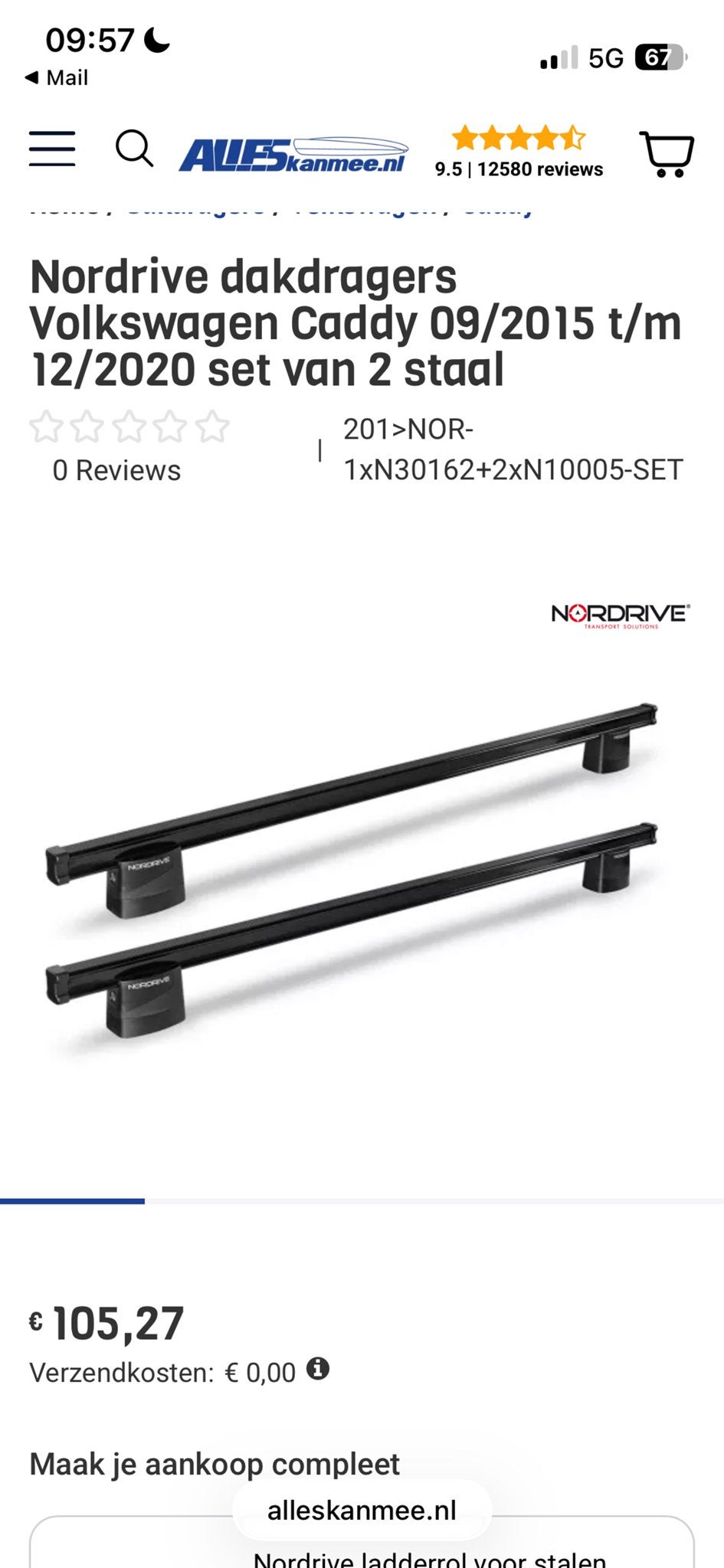 Nordrive dakdragers voor Volkswagen Caddy (2015-2020), Ophalen of Verzenden, Zo goed als nieuw