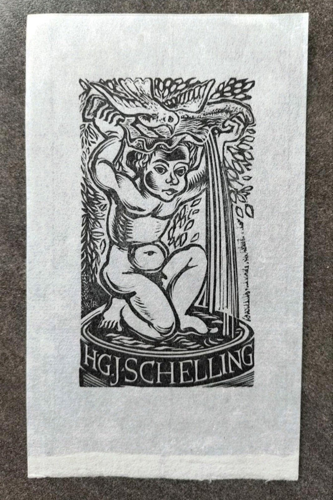 Exlibris H.G.J. Schelling (1945) (putto, duif, vogel, water), 15 cm, Origineel, 9 cm, 1900 - 1949