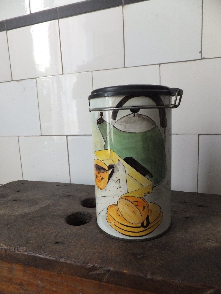 vintage blik voor bijv. koffie, leuke deco klok & fluitketel, Ophalen, Zo goed als nieuw, Overige