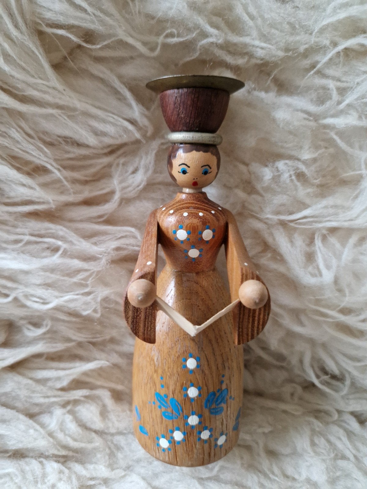 Vintage Ertsgebergte Engel Kandelaar Hout Handgeschilderd, Ophalen of Verzenden