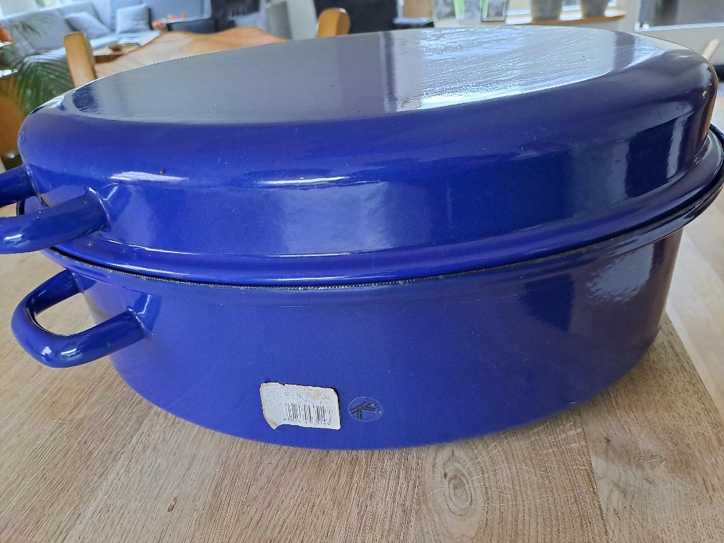 BRAADSLEE OVAAL. 40 CM. BLAUW. MERK KRUGER. GEËMAILLEERD, Ophalen of Verzenden, Gebruikt, Overige materialen, Koekenpan of Braadpan