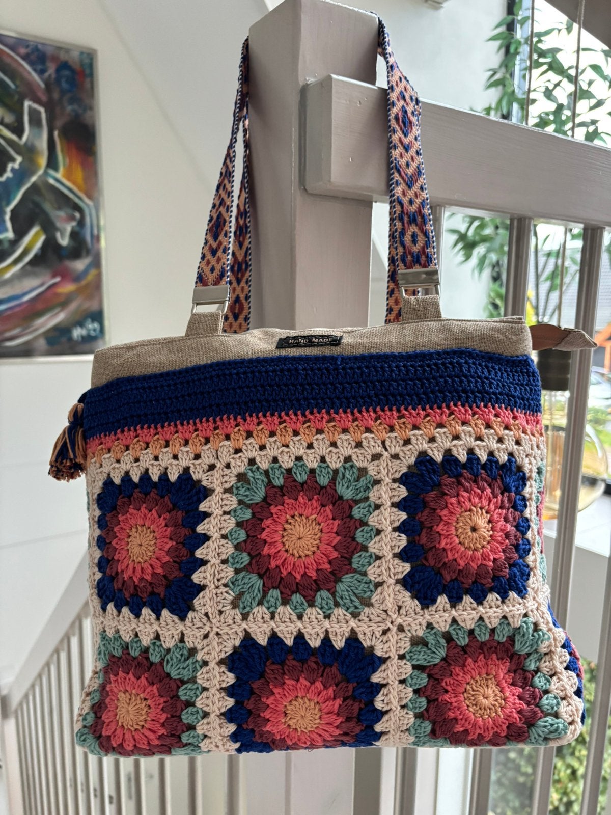 Unieke handgemaakte gehaakte tas met geweven hengsels, Ophalen of Verzenden, Nieuw, Overige kleuren, Shopper
