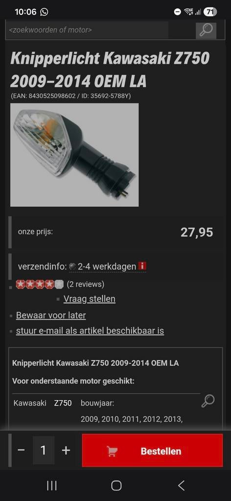 Knipperlicht Kawasaki Z750 2009-2014 OEM LA, Ophalen, Nieuw