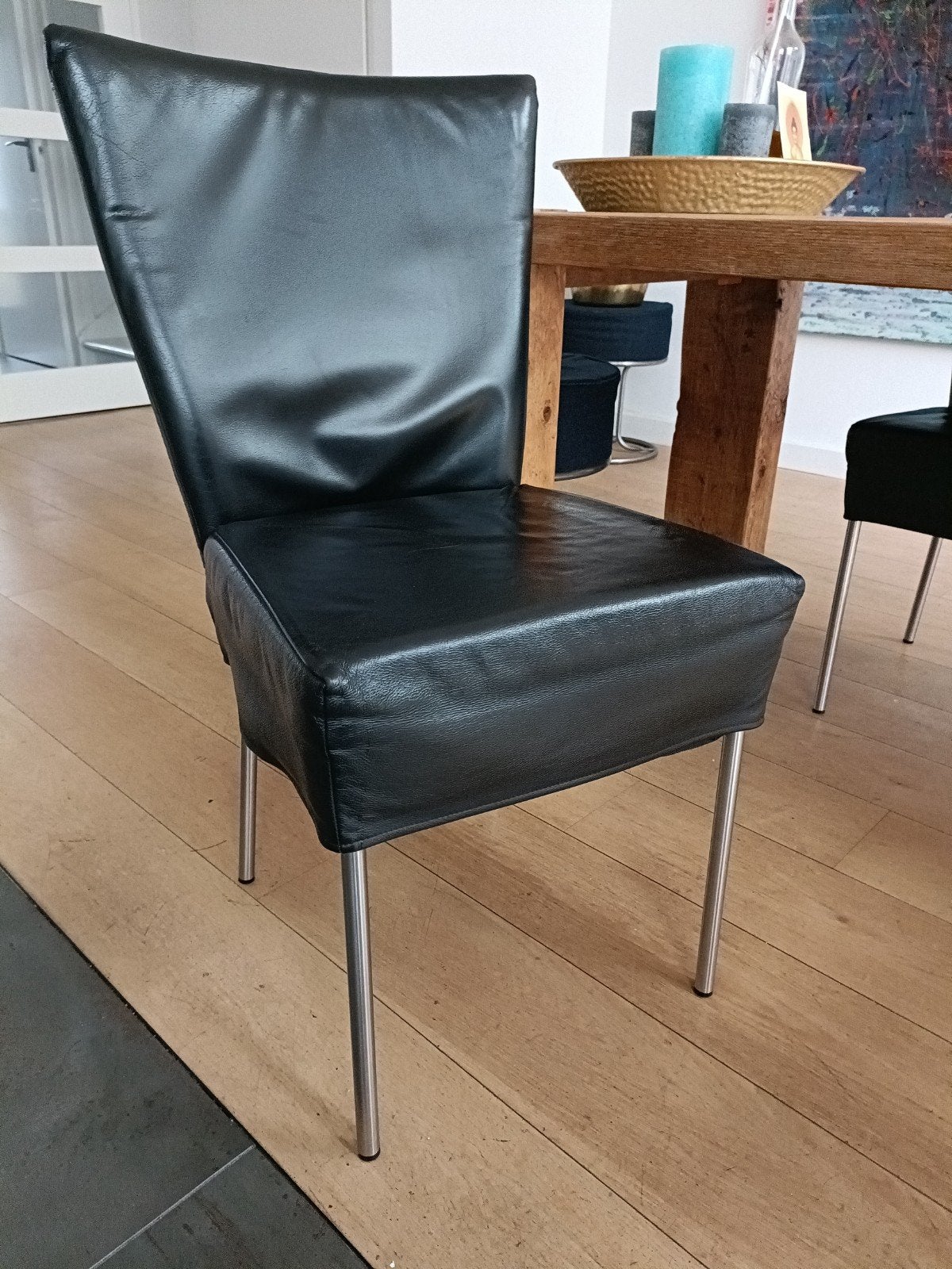 4 leren eetkamer stoelen, Huis en Inrichting, Stoelen, Ophalen, Zo goed als nieuw, Zwart, Leer