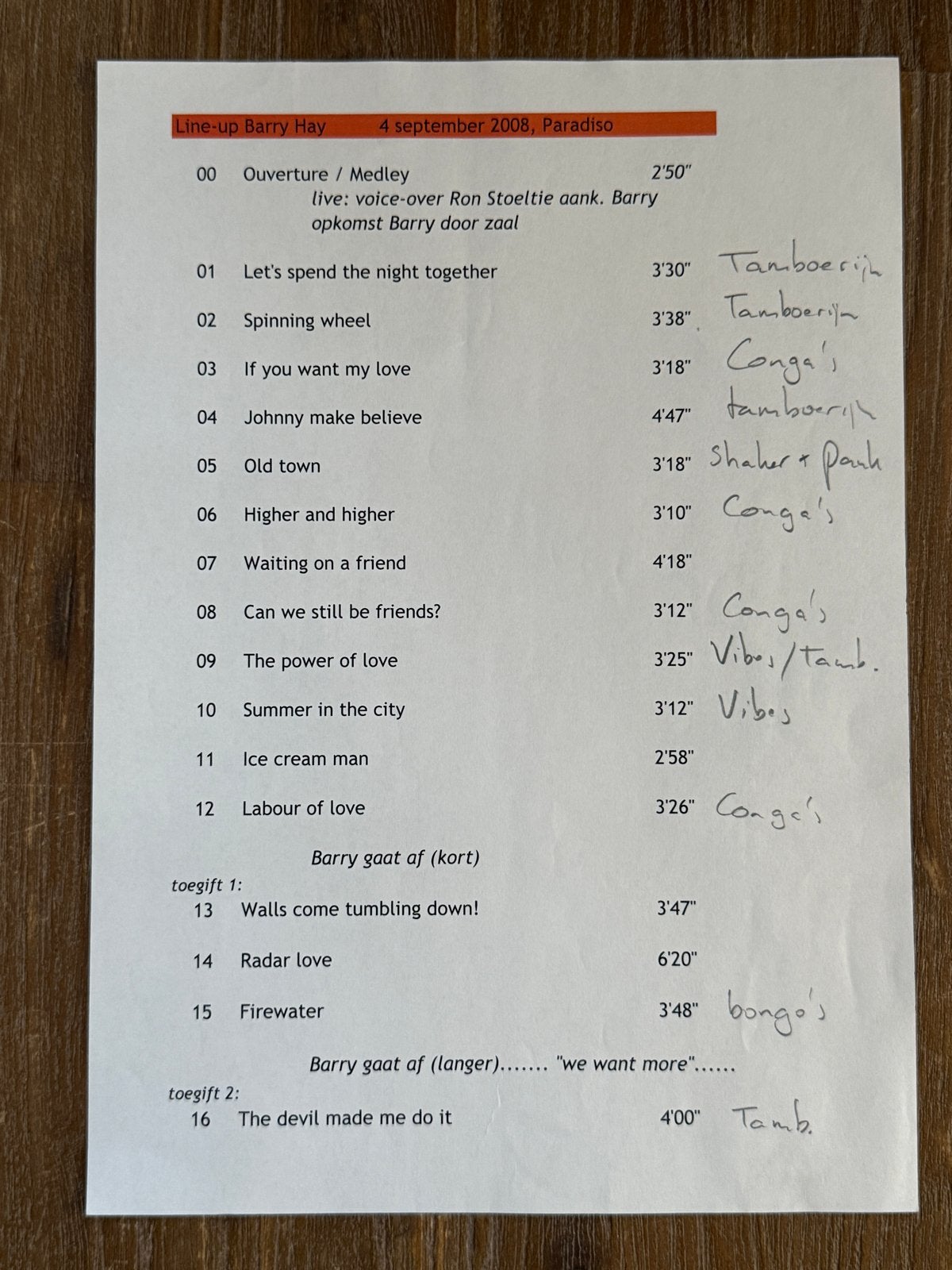Setlist Barry Hay & Metropole Big Band 4-9-2008 Paradiso (2), Ophalen of Verzenden, Boek, Tijdschrift of Artikel