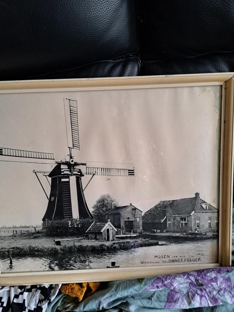 Oude prent molen in lijst, Antiek en Kunst, Kunst | Tekeningen en Foto's, Ophalen of Verzenden