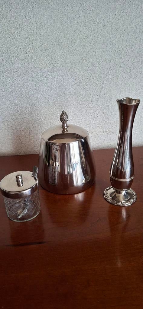 Oud vaasje glazen jampot oude verchroomde koektrommel, Ophalen of Verzenden, Overige kleuren, Glas, Minder dan 50 cm
