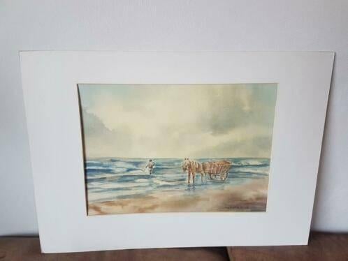 aquarel schelpenvisser strand W. Eunis met passepartout, Ophalen