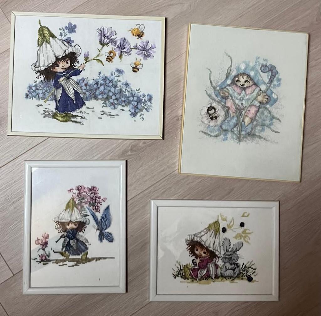 Vier kinderkamer lijstjes geborduurd. In 1 koop., Ophalen, Minder dan 50 cm, Zo goed als nieuw, Schilderij