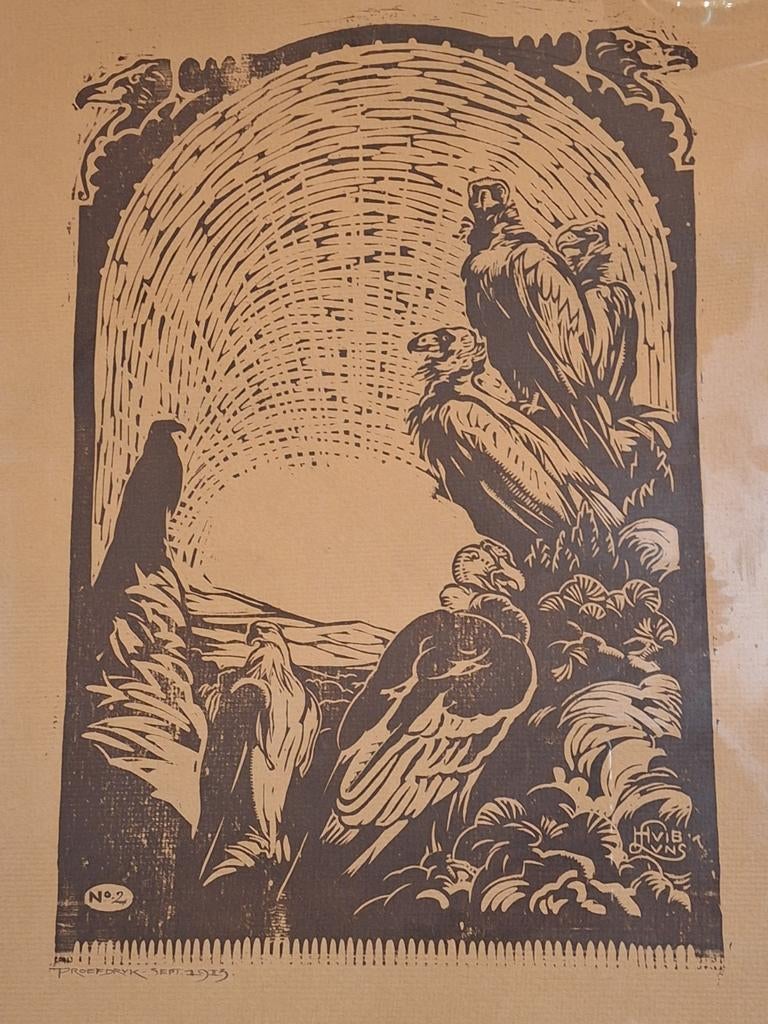 Houtsnede Condors door Huib Luns, 1913 proefdruk, Ophalen of Verzenden