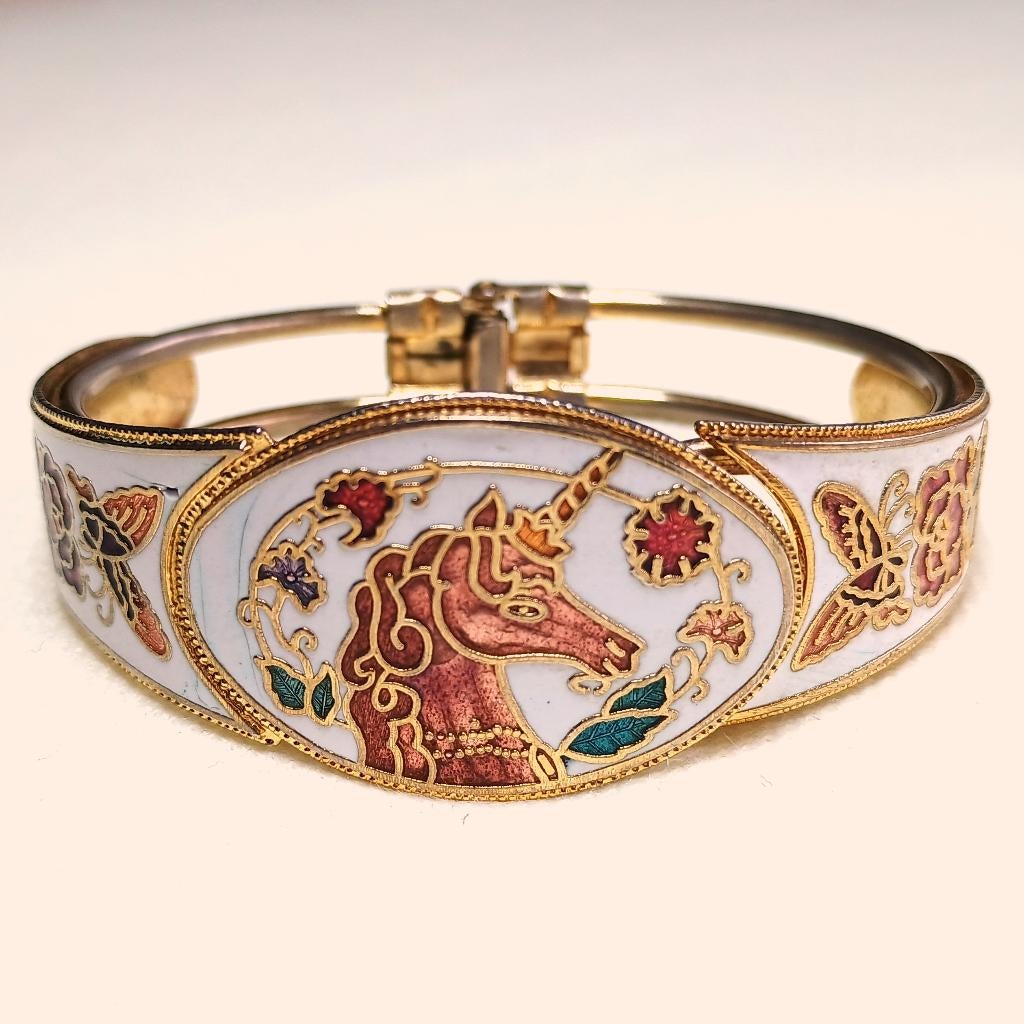 Vintage armband email cloisonné eenhoorn wit roze jaren  '80, Sieraden, Tassen en Uiterlijk, Armbanden, Verzenden, Gebruikt, Wit
