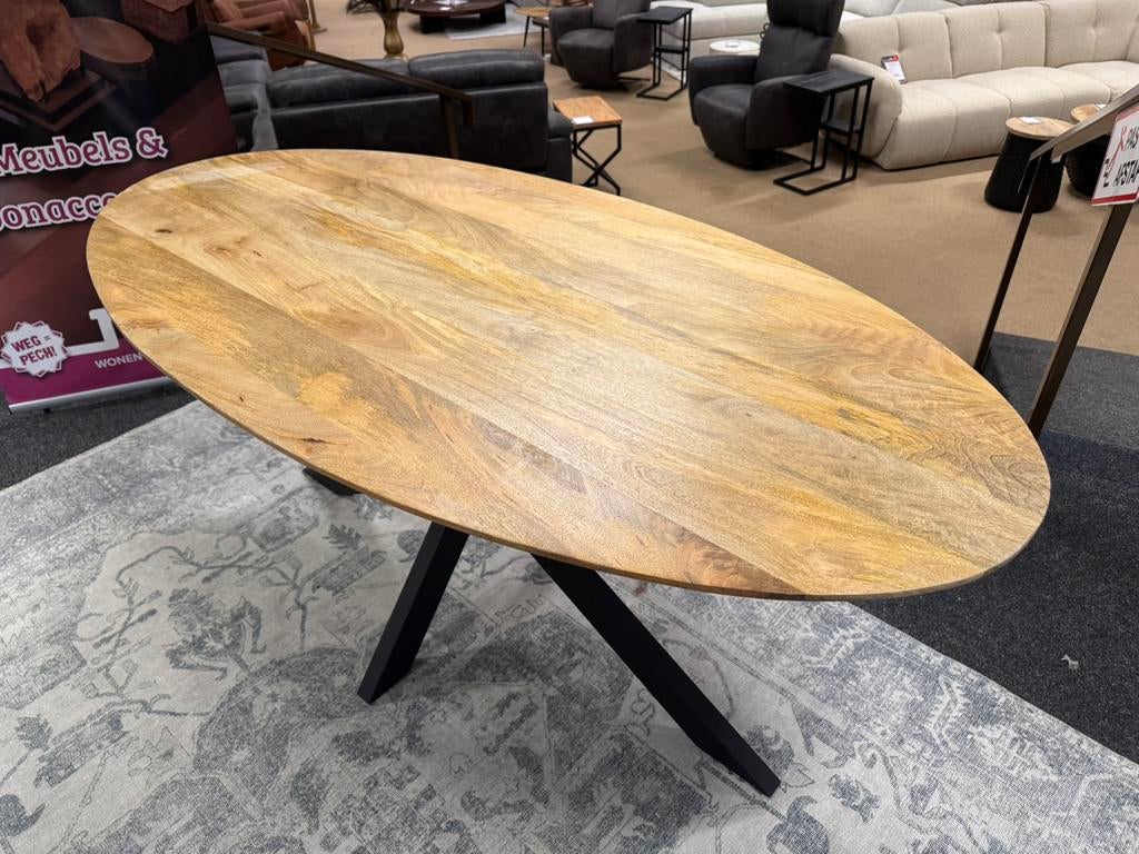 Eettafel Ovaal vlak blad Mango 180 Direct/Leverbaar E-7229, Overige houtsoorten, #Eettafel#Verjongd#Ovaal#Mango#Vlak#Kruispoot