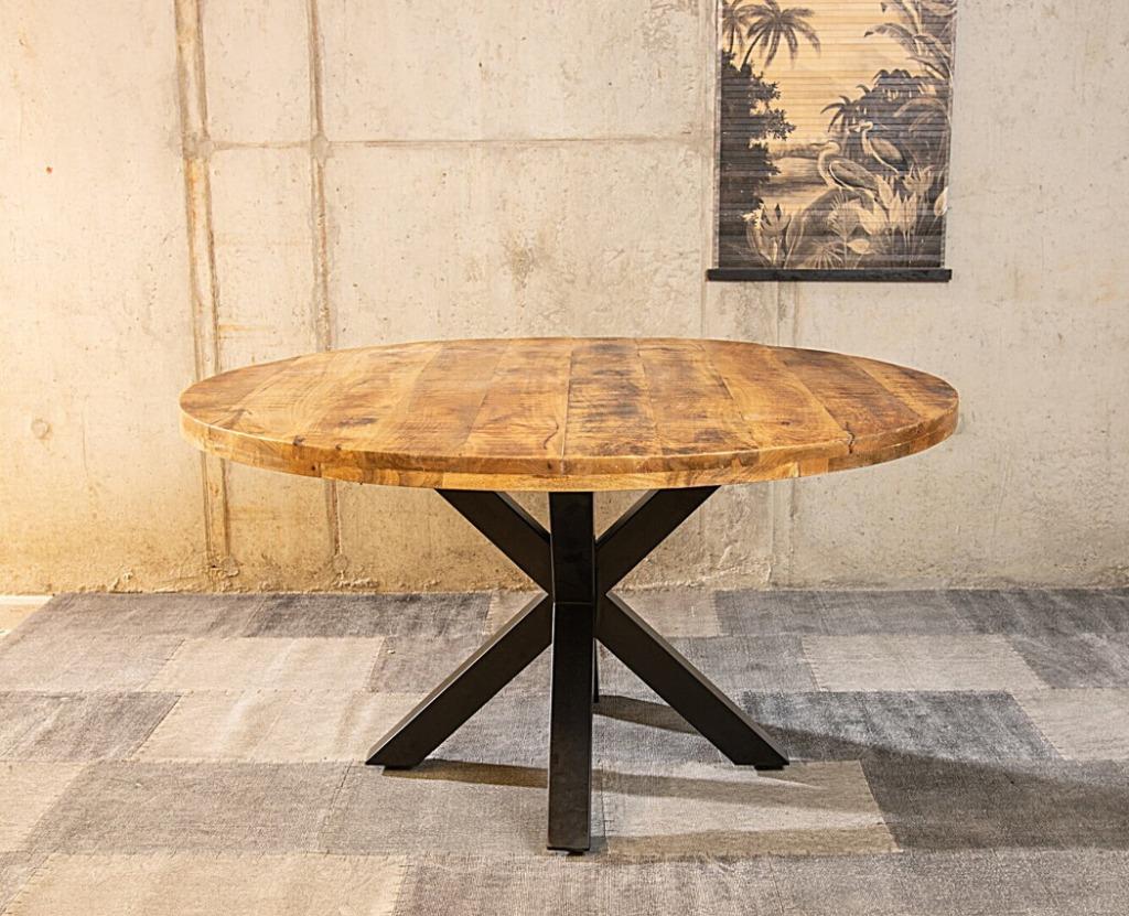 Eettafel mango hout met spinpoot zwart onderstel, Overige houtsoorten, Rond, Nieuw, Vijf personen of meer