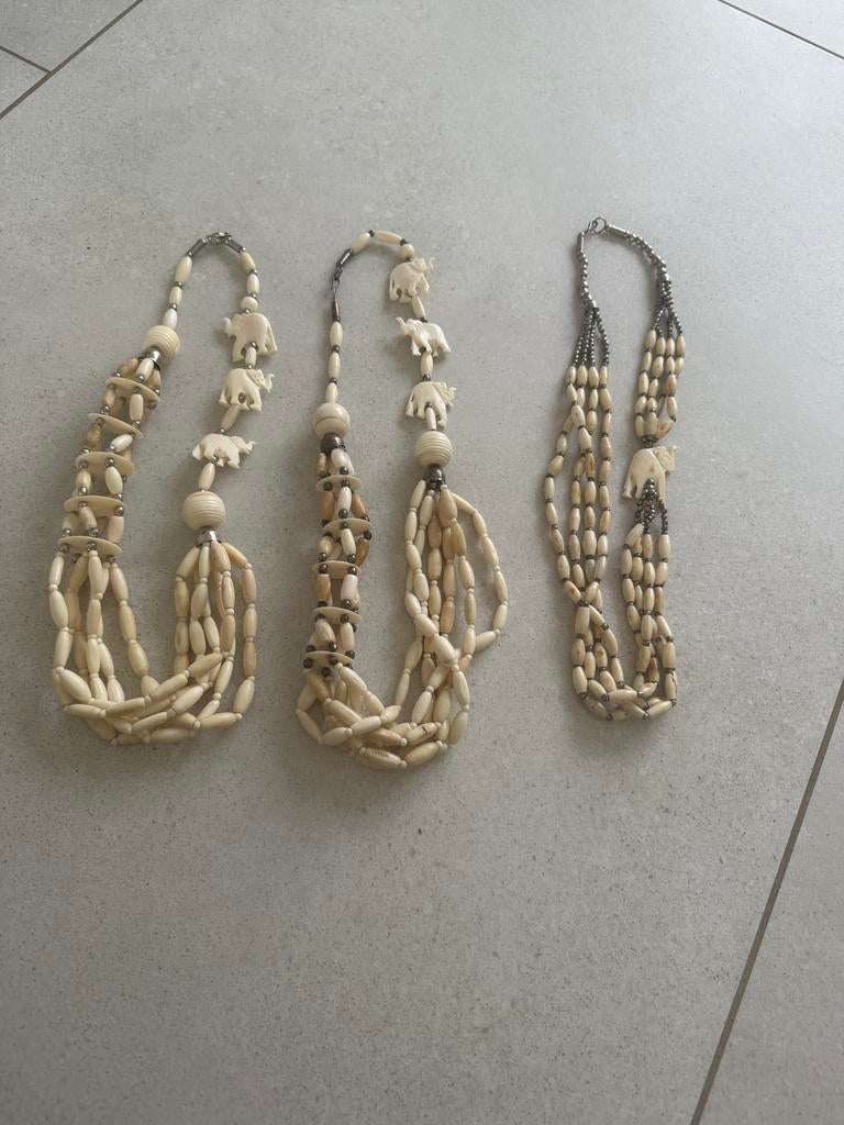 Vintage olifant kettingen - Set van 3, Sieraden, Tassen en Uiterlijk, Kettingen, Gebruikt, Beige, Ophalen of Verzenden, Overige materialen