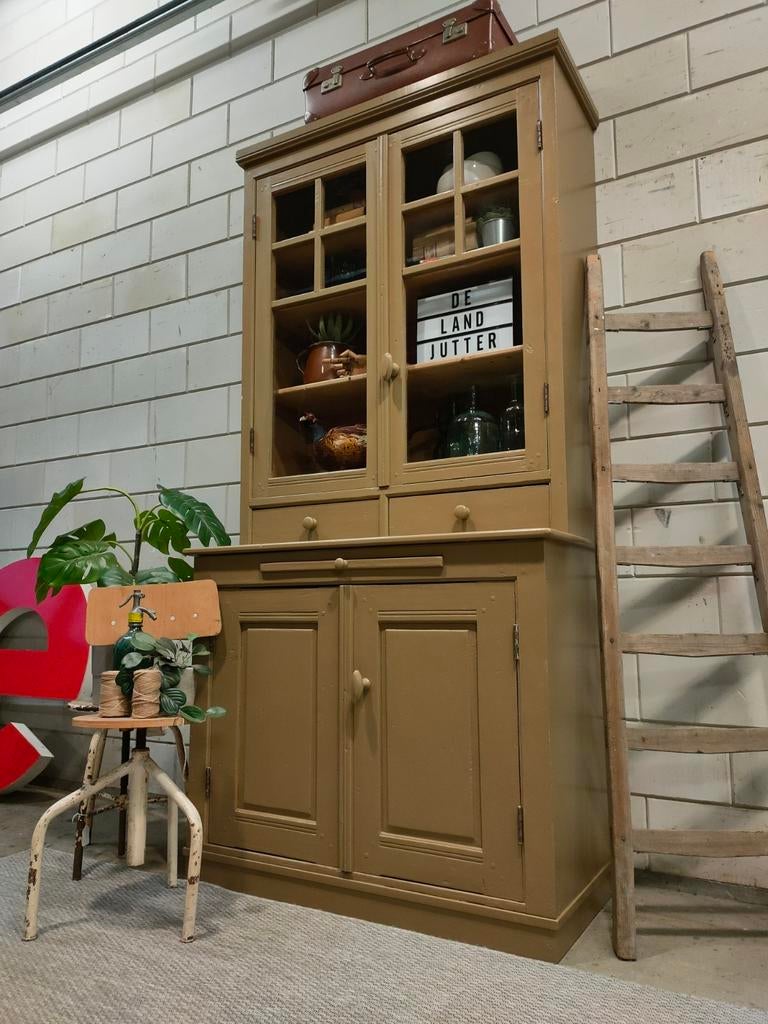 Vintage/Brocante groene apothekerskast, antieke buffetkast, 200 cm of meer, Ophalen of Verzenden, 25 tot 50 cm, Met deur(en)