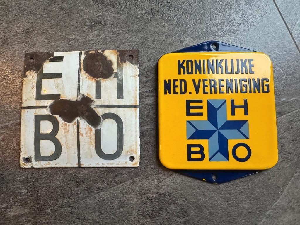 Emaille EHBO E.H.B.O. bordjes. Witte en gele versie., Verzamelen, Merken en Reclamevoorwerpen, Gebruikt, Reclamebord, Ophalen of Verzenden