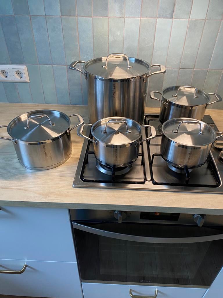 Herman Pannenset - 5 Delig - Geschikt voor koken op gas, Huis en Inrichting, Keuken | Potten en Pannen, Ophalen, Gebruikt, Inductieplaat