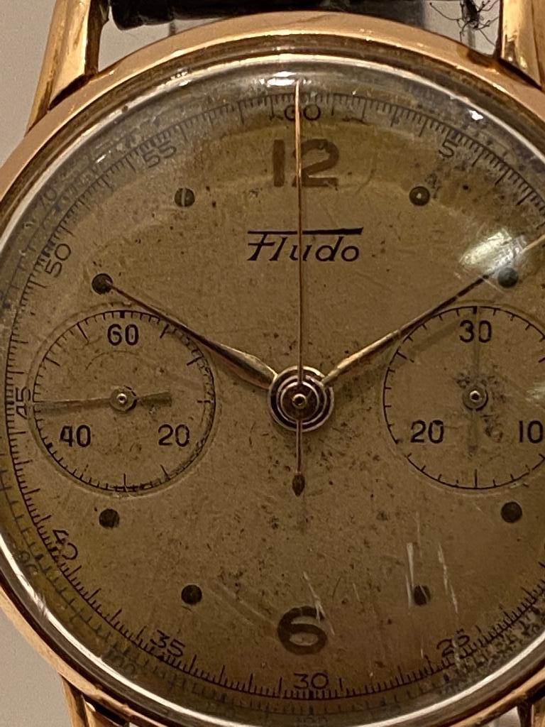 Vintage Fludo Chronograph 18 Karaat Goud Horloge Handopwind, Overige merken, Met bandje, Polshorloge, 1930 tot 1960