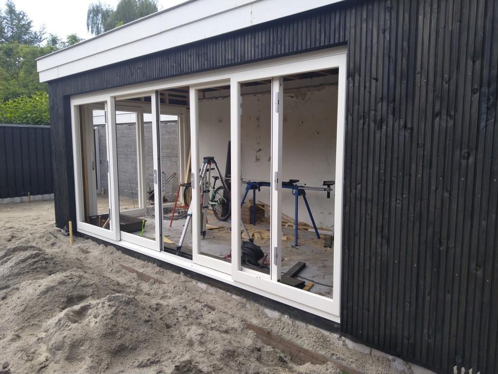 Hardhouten schuifpui met 2 schuifdeuren 4 vakken, Doe-het-zelf en Verbouw, Nieuw, Ophalen of Verzenden, Buitendeur, Schuifdeur