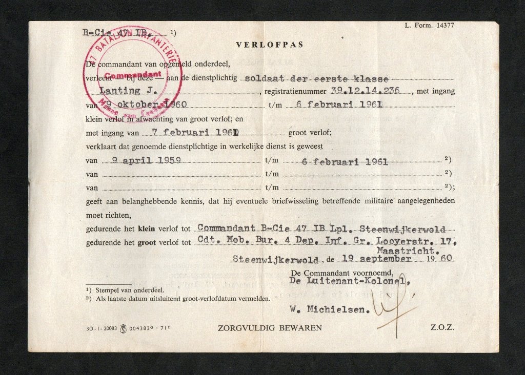 Verlofpas Steenwijkerwold Militair Emmen Lanting 1960., Verzamelen, Ophalen of Verzenden, Zo goed als nieuw