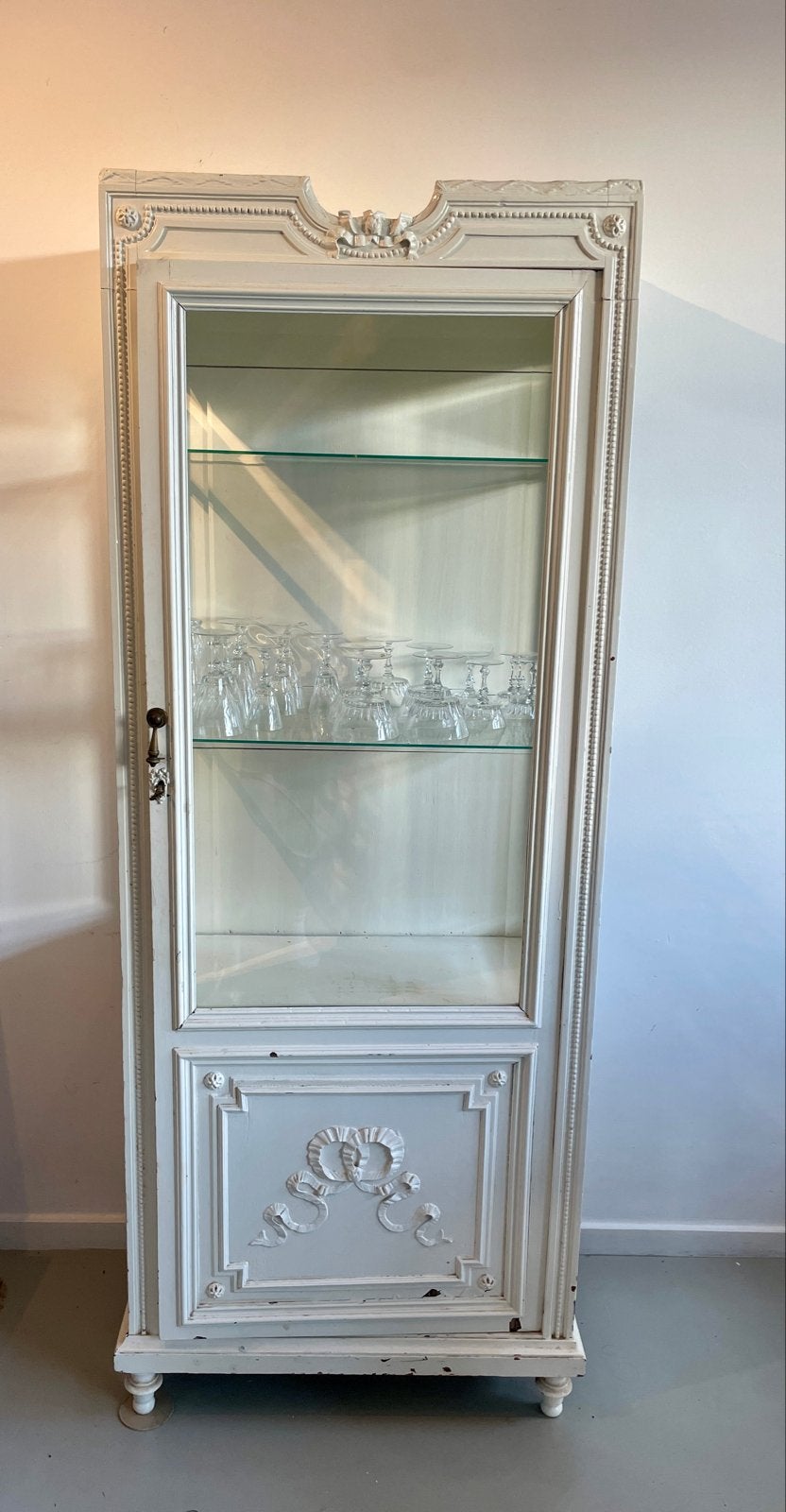 Antieke Brocante Vitrinekast 1900 - Wit Facetglas, Antiek en Kunst, Ophalen
