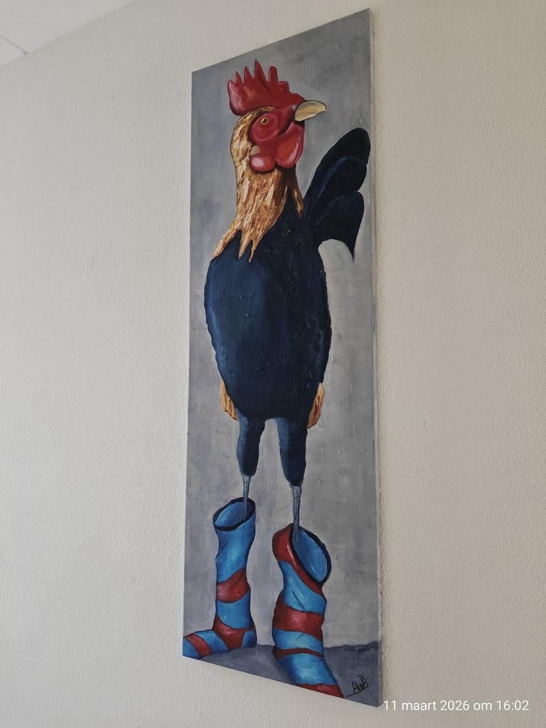 Schilderij haan met slobsokken, Antiek en Kunst, Ophalen