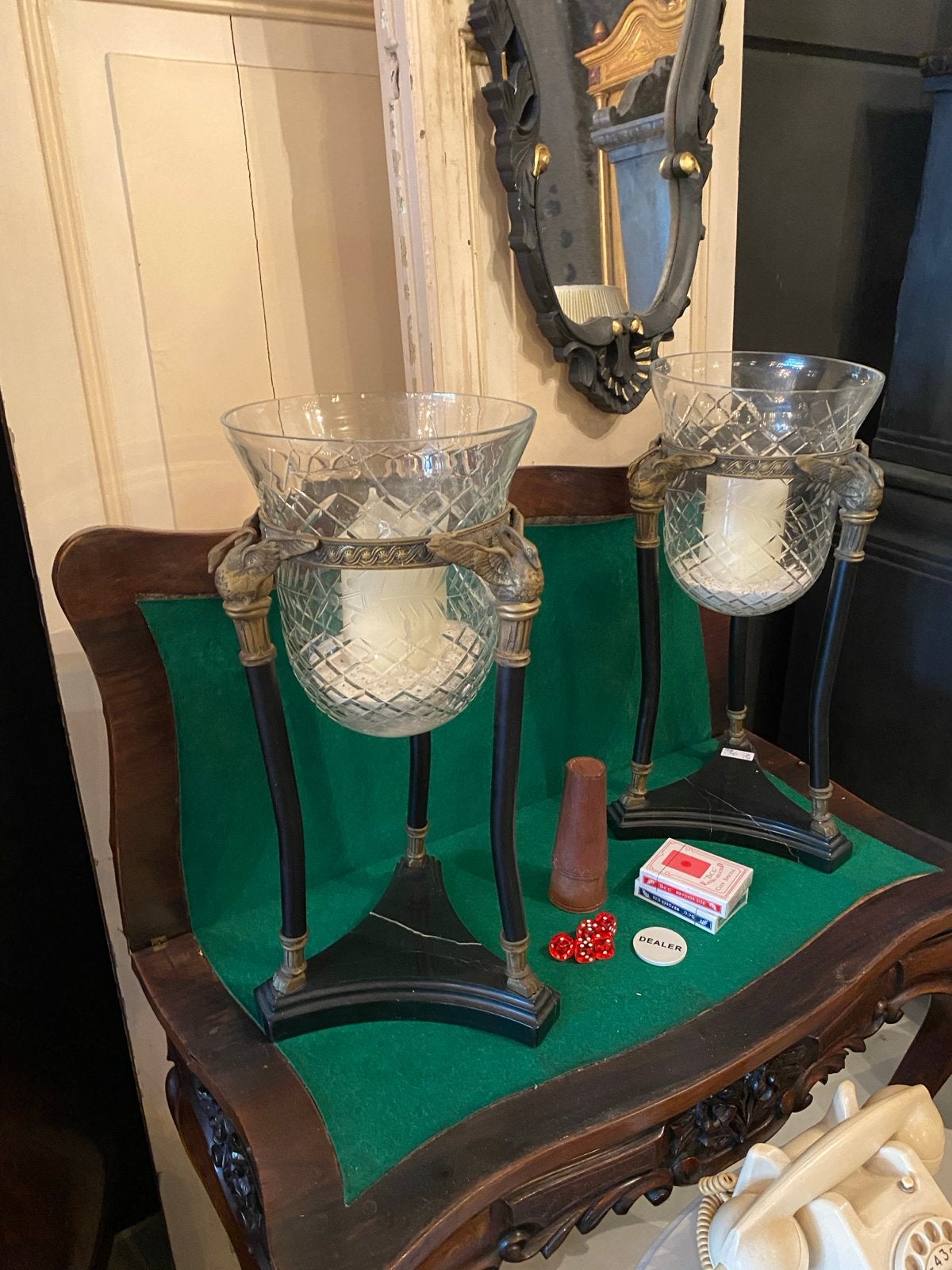Set van 2 zware windlichten met glazen kom en metalen voet, Ophalen, Windlicht, Gebruikt, Glas