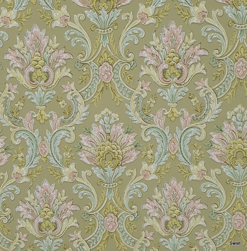 13213 pastel barok behang met groen en roze swiet, Ophalen of Verzenden, Roze