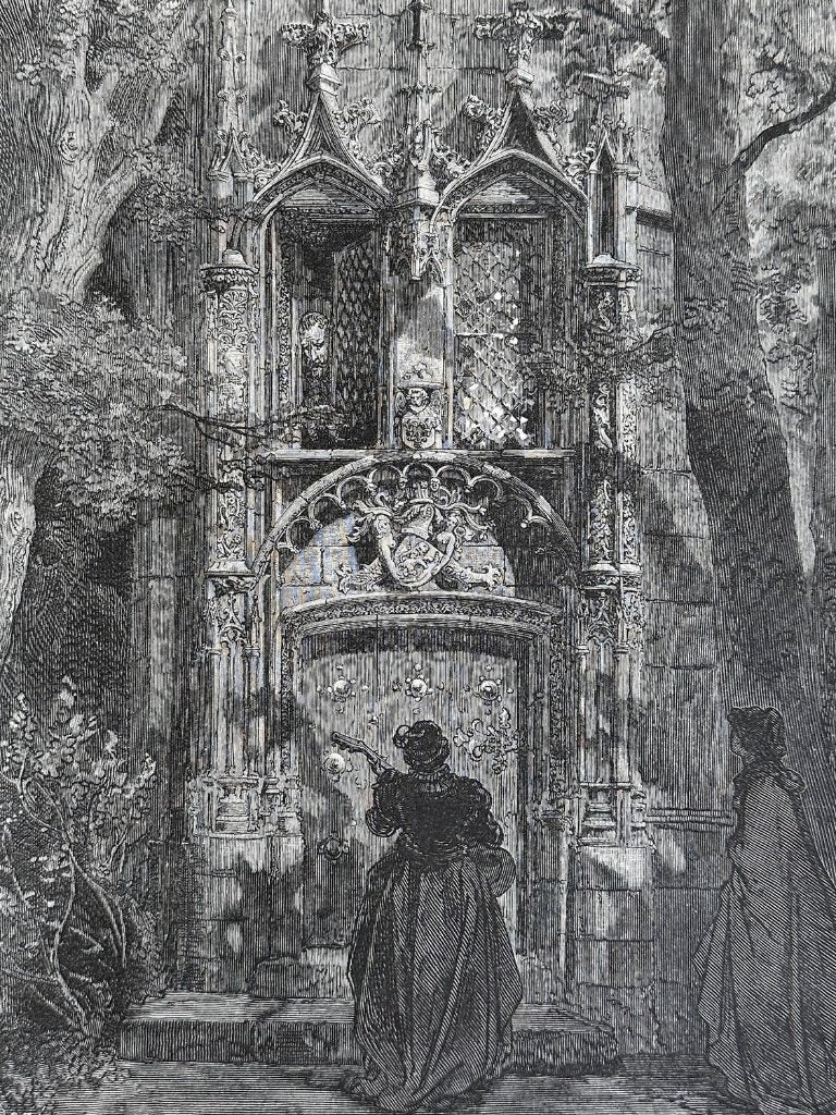 Antieke houtgravure Gustave Doré - Serenade Don Quichot, Ophalen of Verzenden, 30 cm, 1800 - 1899, 40 cm