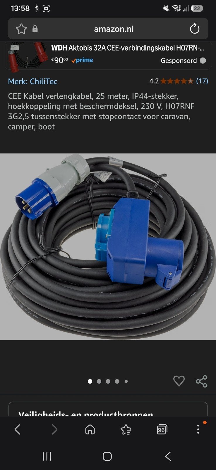 CEE Verlengsnoer 15m IP44 230V H07RNF 3G2,5, Caravans en Kamperen, Ophalen